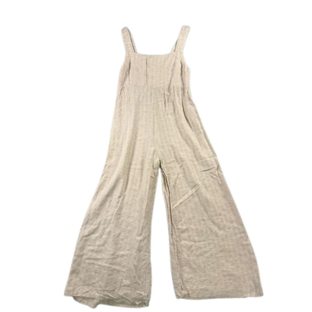 Rip Curl Wide Leg Jumpsuit Womens XS Beige Linen Blend Smocked Boho Coastal